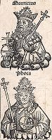 Византийские императоры Маврикий и Фока. Из знаменитой первопечатной книги Хартмана Шеделя "Всемирная хроника", также известной как "Нюрнбергские хроники". Die Schedelsche Weltchronik (Liber Chronicarum). Нюрнберг, 1493