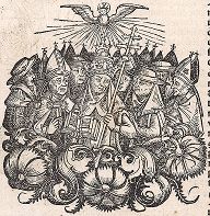Вселенский собор в Риме. Из знаменитой первопечатной книги Хартмана Шеделя "Всемирная хроника", также известной как "Нюрнбергские хроники". Die Schedelsche Weltchronik (Liber Chronicarum). Нюрнберг, 1493