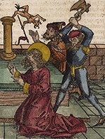 Казнь апостола Матфея. Ксилография Михаэля Вольгемута из знаменитой первопечатной книги Хартмана Шеделя "Всемирная хроника", также известной как "Нюрнбергские хроники". Die Schedelsche Weltchronik (Liber Chronicarum). Нюрнберг, 1493