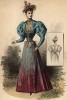 Дамский костюм, состоящий из ярко-голубого жакета с рукавами-фонариками и юбки-плиссе. Из французского модного журнала Le Coquet, выпуск 390, 1893 год