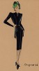 Чёрное бархатное приталенное платье, украшенное кистями, из коллекции осень-зима 1942-43 года парижского дизайнера Мари-Луиз Брюйер (собственноручная гуашь автора). Уникальный документ истории моды времен Второй мировой войны
