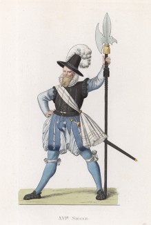 Швейцарский воин, вооружённый алебардой (XVI век) (лист 86 работы Жоржа Дюплесси "Исторический костюм XVI -- XVIII веков", роскошно изданной в Париже в 1867 году)