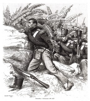 Батальон французских колониальных войск в бою (из Types et uniformes. L'armée françáise par Éduard Detaille. Париж. 1889 год)