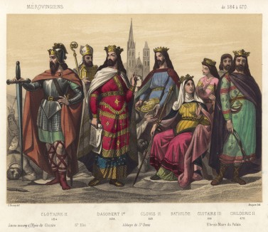 Короли династии Меровингов: Хлотарь II (584 — 629); Дагоберт I (628 — 639); Хлодвиг II (639 — 657); Хлотарь III (657 — 673) и его мать королева Батильда; Хильдерик II (662 — 675)