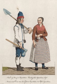 Дровосек с женой. Национальные костюмы норвежцев. Norske Folkedrakter, л.40. Стокгольм, 1812