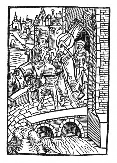 Последнее путешествие святого Вольфганга. Из "Жития Святого Вольфганга" (Das Leben S. Wolfgangs) неизвестного немецкого мастера. Издал Johann Weyssenburger, Ландсхут, 1515