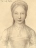 Элизабет Кэлтхорп, леди Паркер (1521-78) - супруга сэра Генри Паркера. Её мать была племянницей королевы Анны Болейн. Гравюра Франческо Бартолоцци по рисунку Ганса Гольбейна младшего. Imitations Of Original Drawings By Hans Holbein... Лондон, 1792-99