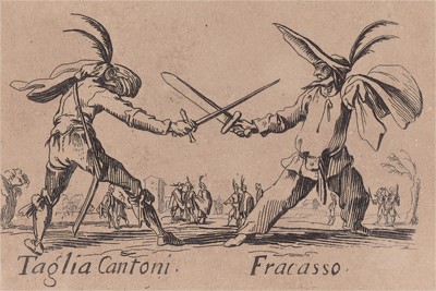 Талья Кантони и Фракассо (Taglia Cantoni - Fracasso). Из цикла офортов конца 19 века, выполненного по серии гравюр Жака Калло "Balli Di Sfessania" (Танцы беззадых (бескостных)), в которой он изобразил персонажей итальянской "Комедии дель Арте"