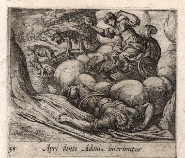 Адонис умирает от удара клыка вепря. Гравировал Антонио Темпеста для своей знаменитой серии "Метаморфозы" Овидия, л.98. Амстердам, 1606