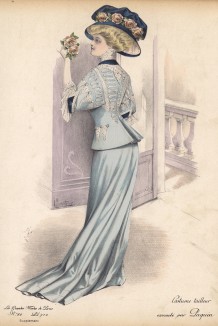 Английский дамский костюм, украшенный тесьмой и кружевами, от Paquin (Les grandes modes de Paris за 1907 год).
