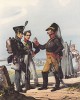 Карабинер делает внушение прусским пехотинцам в 1835 году (из популярной в нацистской Германии работы Мартина Лезиуса Das Ehrenkleid des Soldaten... Берлин. 1936 год)