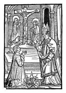 Святой Вольфганг обращает еретика. Из "Жития Святого Вольфганга" (Das Leben S. Wolfgangs) неизвестного немецкого мастера. Издал Johann Weyssenburger, Ландсхут, 1515