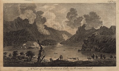 Живописный вид на озеро Бродуотер в графстве Вэстморленд (из A New Display Of The Beauties Of England... Лондон. 1776 г. Том 2. Лист 191)