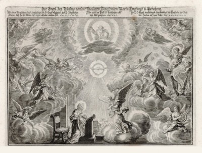 Благовещение (из Biblisches Engel- und Kunstwerk -- шедевра германского барокко. Гравировал неподражаемый Иоганн Ульрих Краусс в Аугсбурге в 1694 году)