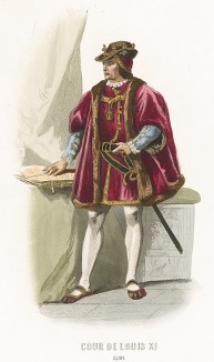 Эпоха Возрождения. Наряд дворянина при дворе короля Франции Людовика XI: распашной камзол, отороченный мехом, трико, тупоносая обувь - «медвежья лапа» - с прорезями и вышивками.