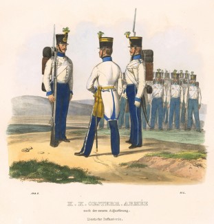 Офицер и солдаты австрийской пехоты (из K. K. Oesterreichische Armée nach der neuen Adjustirung in VI. abtheil. II te. Abtheil. Infanterie. Лист 4. Вена. 1837 год)