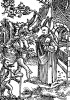 Святой Вольфганг увещевает беса. Из "Жития Святого Вольфганга" (Vita Divi Folfgangi) неизвестного немецкого мастера. Издал Johann Weyssenburger, Ландсхут, 1516