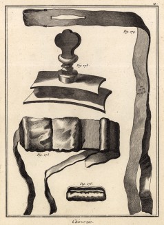 Хирургия. Зажим, пелот (Ивердонская энциклопедия. Том III. Швейцария, 1776 год)
