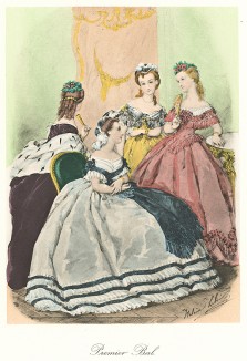 Первый бал юной красавицы. Из альбома литографий Paris. Miroir de la mode, посвящённого французской моде 1850-60 гг. Париж, 1959
