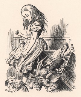 Алиса так быстро вскочила со своего места, что задела краем юбки скамью, на которой сидели присяжные (иллюстрация Джона Тенниела к книге Льюиса Кэрролла «Алиса в Стране Чудес», выпущенной в Лондоне в 1870 году)