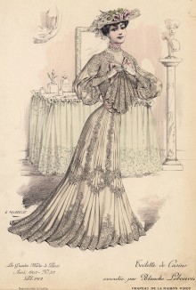 Заядлая картёжница наряжается в казино. Шляпа, украшенная кружевной вуалью и розами, -- на удачу (Les grandes modes de Paris за 1903 год. Август)