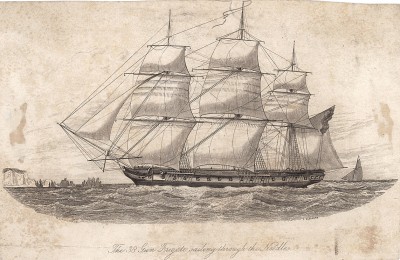 38-пушечный фрегат «Помон» на фоне скал Иглы близ острова Уайт в проливе Ла-Манш. Спущен на воду в 1805 году, в 1811 налетел на эти самые скалы Иглы. Команда и лошади, находившиеся на борту, не пострадали.