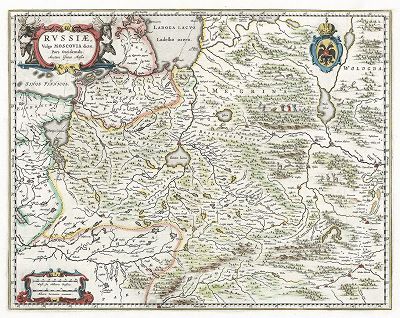 Россия или Московия, западная часть. Russiae vulgo Moscovia dictae, pars Occidentalis. Карта Йоханеса Блау по чертежу Исаака Массы, Амстердам, 1662. 