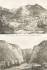 Замок Миндасцихе (вверху) и горная река в Имеретии (лист XIXb второй части атласа к "Путешествию по Кавказу..." Фредерика Дюбуа де Монпере. Париж. 1843 год)