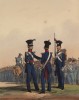 Капитан и лейтенант вюртембергской пехоты отдают распоряжения фельдфебелю перед началом строевого смотра (литография из Das Koniglich Wurttembergische Militair... Вюрцбург. 1840 год)