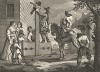 Гудибрас, 1725-26. Гудибрас-триумфатор. Первое сражение Гудибраса с крестьянами выиграно. Его противник, одноногий скрипач, связан. Скрипку, как трофей, оруженосец Ральфо прикрепляет к позорному столбу на деревенской площади. Лондон, 1838