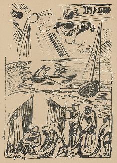 Рыбаки в Балтийском море. Литография Макса Пехштейна из издания Junge Berliner Kunst, Берлин, 1919 год. 