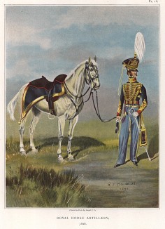 Офицер королевской конной артиллерии в форме образца 1828 года (лист XVI работы "История мундира королевской артиллерии в 1625--1897 годах", изданной в Париже в 1899 году)