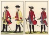 Прусские конногвардейцы в 1770 году (слева), офицеры швейцарского полка Сourten в 1762 году (из популярной в нацистской Германии работы Мартина Лезиуса Das Ehrenkleid des Soldaten... Берлин. 1936 год)