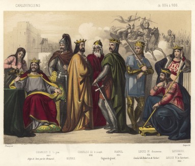 Короли династии Каролингов: Карл III Толстый (884 — 887); Эд Парижский (888 — 898); Карл III Простоватый (898—923); Рауль Бургундский (923 — 936); Людовик IV (936 — 954); Лотарь (954 - 986); Людовик V Ленивый (986 — 987)