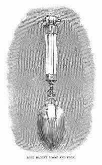 Золотые ложка с вилкой, принадлежавшие знаменитому английскому философу, историку, политическому деятелю Фрэнсису Бэкону (1561 -- 1626) (The Illustrated London News №299 от 22/01/1848 г.)