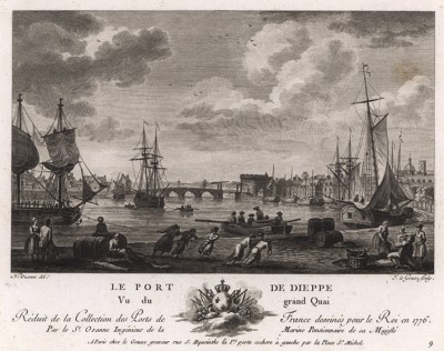 Вид на порт Дьеппа с городской набережной (лист 8 из альбома гравюр Nouvelles vues perspectives des ports de France..., изданного в Париже в 1791 году)