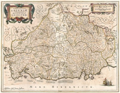 Карта графства (провинции) Лейнстер в Ирландии. Comitatus Lagenia. The Countie of Leinster. Составил Ян Янсониус. Амстердам, 1670
