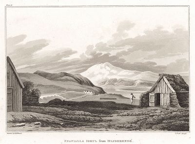 Вид на ледник Ияфиаллайокуль (Eyafialla Iokul), Исландия. Лист по рисунку сэра Генри Холланда из издания "Travels in the Island of Iceland, during the summer of the year MDCCCX", Эдинбург, 1811. 