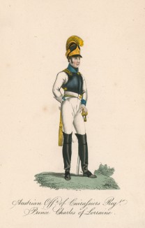 Австрийский кирасир полка Prince Charles of Lorraine (англ.) в 1810-е гг. (из редкой работы "Европейский военный костюм...", изданной в Лондоне в разгар наполеоновских войн)