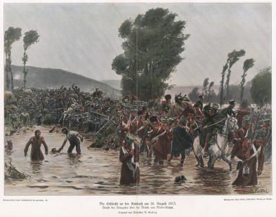 Отступление французов по мосту в сражении при Кацбахе 26 августа 1813 г. Илл. Рихарда Кнотеля, Die Deutschen Befreiungskriege 1806-15. Берлин, 1901