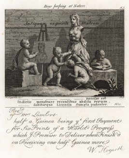 Дети, созерцающие природу. Подписной билет на покупку гравюр Хогарта. Первое оригинальное изображение художник создает в 1731 г. Повторно он использует тот же сюжет на марках, подтверждающих оплату его гравюр в 1737,1744 и 1751 гг. Геттинген, 1854