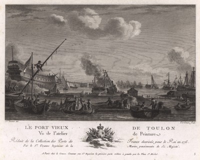 Вид на Тулон из мастерской Николя Озанна (лист 5 из альбома гравюр Nouvelles vues perspectives des ports de France..., изданного в Париже в 1791 году)