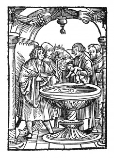 Крещение Святого Вольфганга. Из "Жития Святого Вольфганга" (Das Leben S. Wolfgangs) неизвестного немецкого мастера. Издал Johann Weyssenburger, Ландсхут, 1515