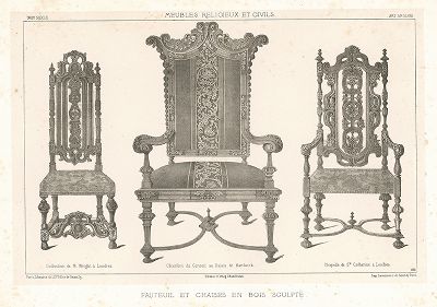 Английские кресла и стул, XVII век. Meubles religieux et civils..., Париж, 1864-74 гг. 