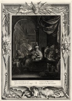 Ликаон, превращённый в волка (лист известной работы "Храм муз", изданной в Амстердаме в 1733 году)