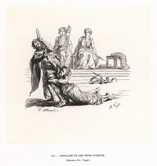 Эскулап и три Парки. Гравюра иллюстрирует отрывок из переписки Фридриха II с сестрой Филиппиной Шарлоттой (1716-1801) в последний год жизни короля. Принцесса просит короля обратиться к врачу, но Фридрих говорит о неизбежной смерти для каждого.