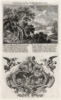 1. Саул с помощью ангела решает судьбу Ионафана 2. Ангел спасает пророка Даниила от разъярённых львов (из Biblisches Engel- und Kunstwerk -- шедевра германского барокко. Гравировал Иоганн Ульрих Краусс в Аугсбурге в 1694 году)