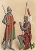 Рыцарское вооружение эпохи первого Крестовый похода (слева); рыцарь в 1295 году (из Les arts somptuaires... Париж. 1858 год)