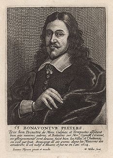 Бонавентура Петерс (1614 -- 1652 гг.) -- фламандский живописец-маринист. Гравюра Венцеслава Холлара с оригинала Яна Мейссенса. 