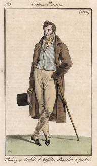 Редингот (от англ.Riding coat), жилет, платок и цилиндр. Из первого французского журнала мод эпохи ампир Journal des dames et des modes, Париж, 1813. Модель № 1321